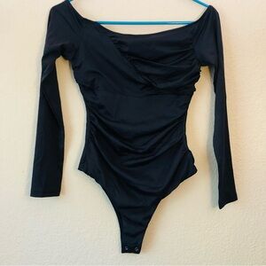 HYZ Women's Bodysuit Small Black Long Sleeve Ruched Silky Feel